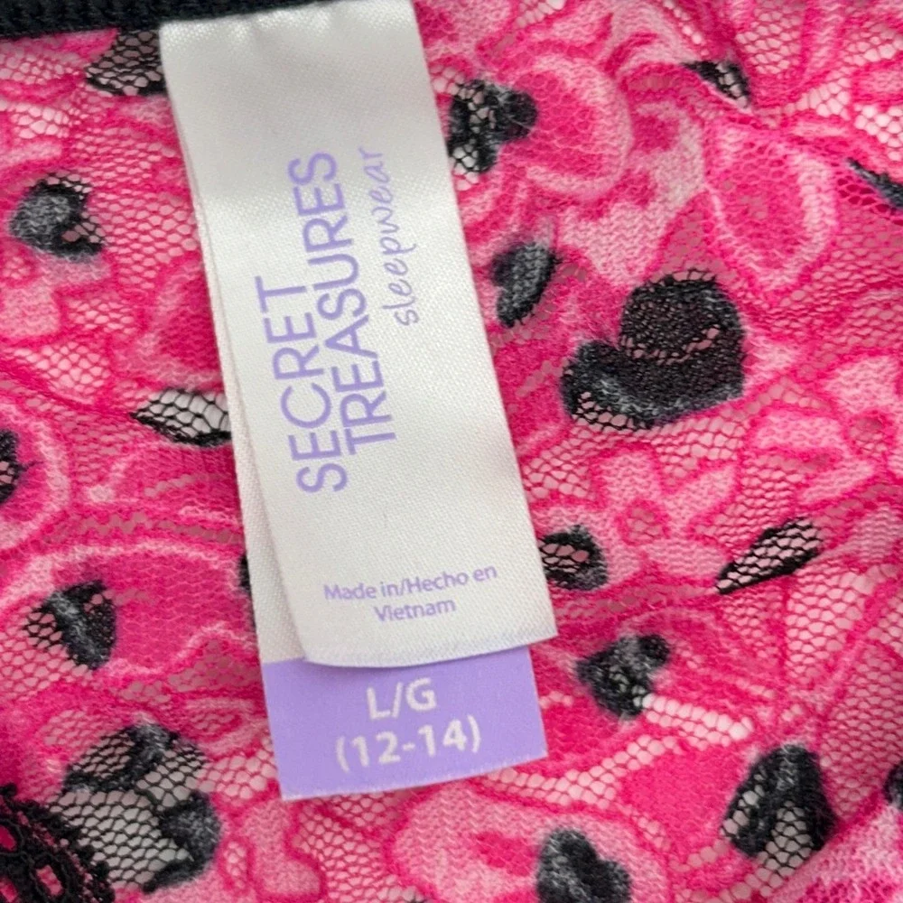 Hot Pink Heart Print Sheer Lace Layering Slip Dress Chemise Coverup Size L